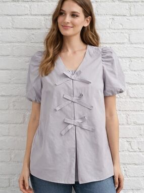 Modern Works Gray Bow Front Blouse XL Puff Sleeve Babydoll Top Casual Chic
